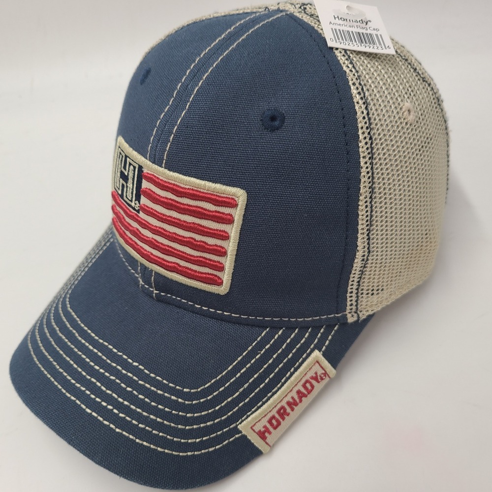 Hornady Hat Snapback Trucker Mesh Blue Beige American Flag Ammo Rifle Logo Men